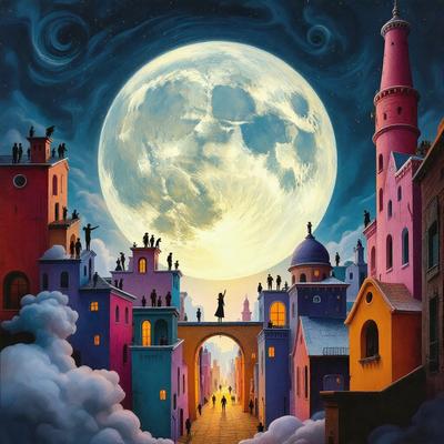 Primary subject: A painting of a city at night with a moon in the sky.

Setting/background: The city is painted in various colors, including pink, yellow, and blue. The buildings are tall and have a unique design.

Visual style: The image is a painting, showcasing a creative and artistic representation of the city at night.

Colors and mood: The painting has a vibrant and lively atmosphere, with the city's buildings and the moon in the sky creating a captivating visual experience.